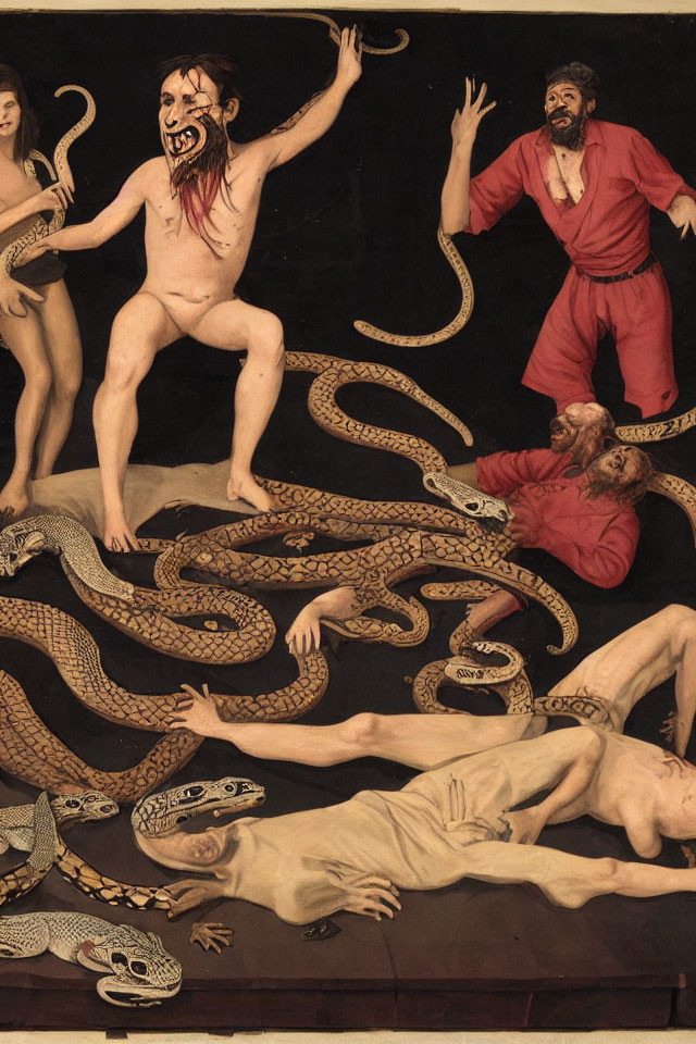 Artwork: Four human figures surrounded by large serpents, showing fear and pain.