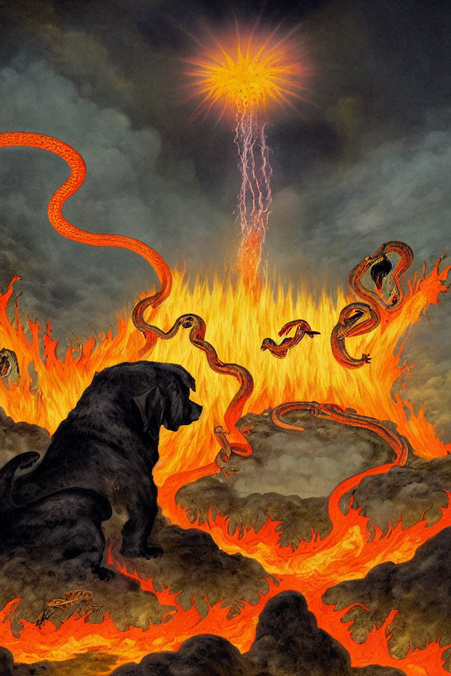 Black Dog in Surreal Fiery Lava Landscape