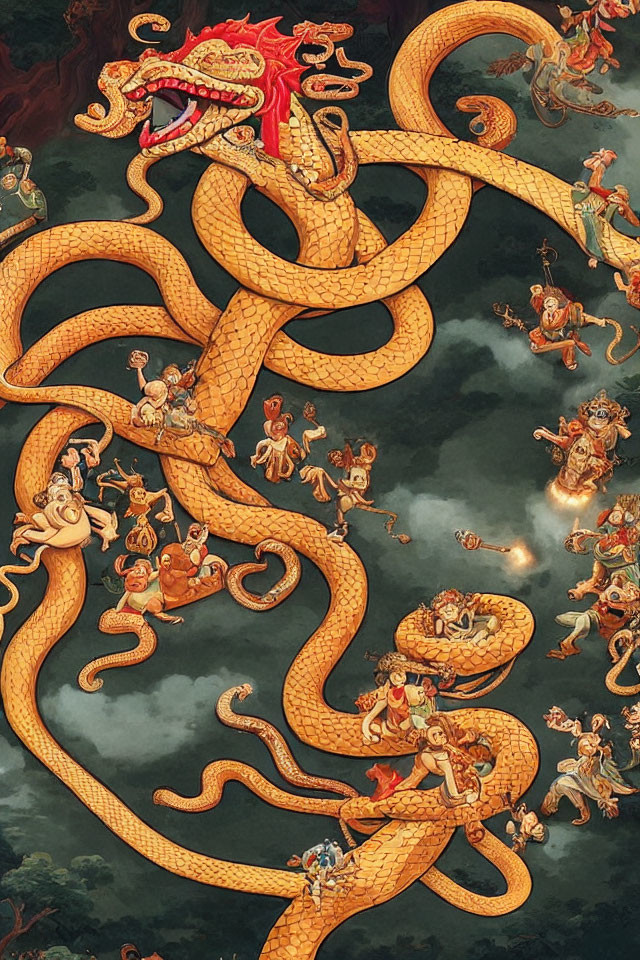 Traditional Asian-style illustration: Golden dragon surrounded by mythical characters in clouds