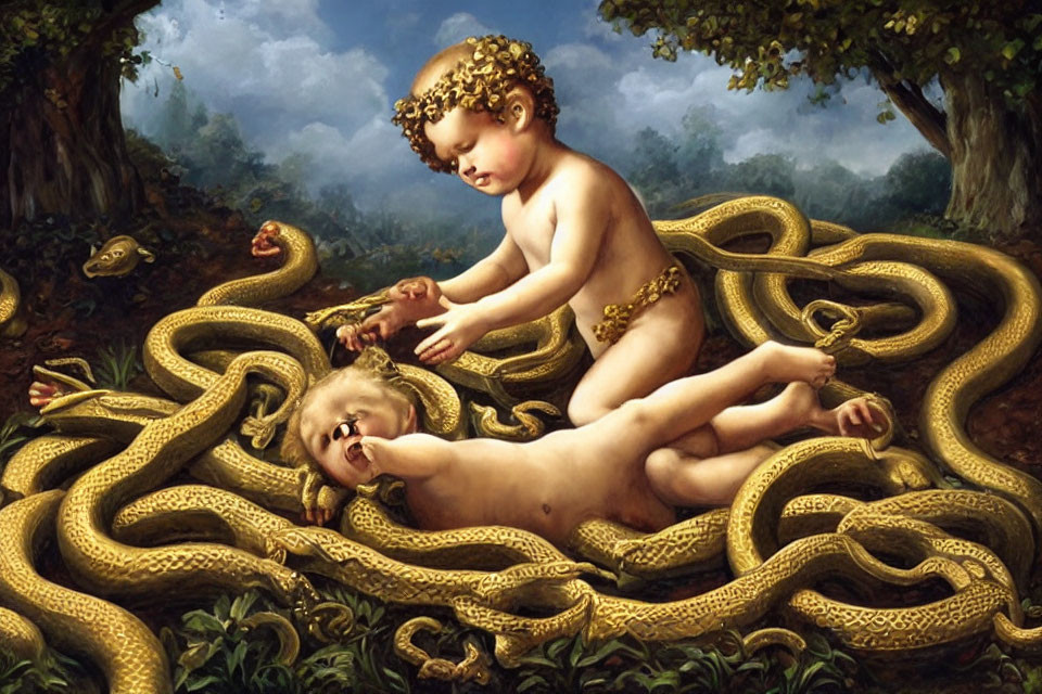 Cherubic child with golden laurel and serpents in oil painting