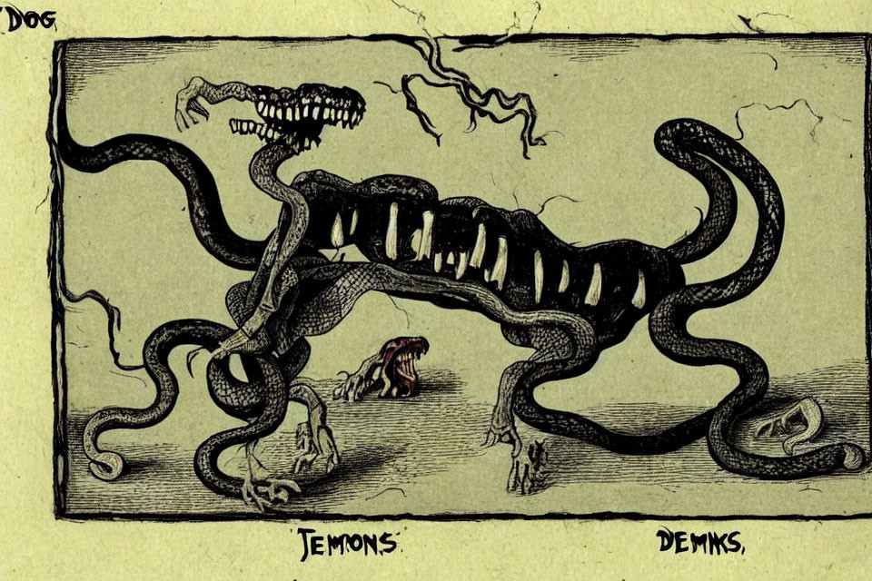 Illustration of skeletal creature with snake-like features and multiple heads