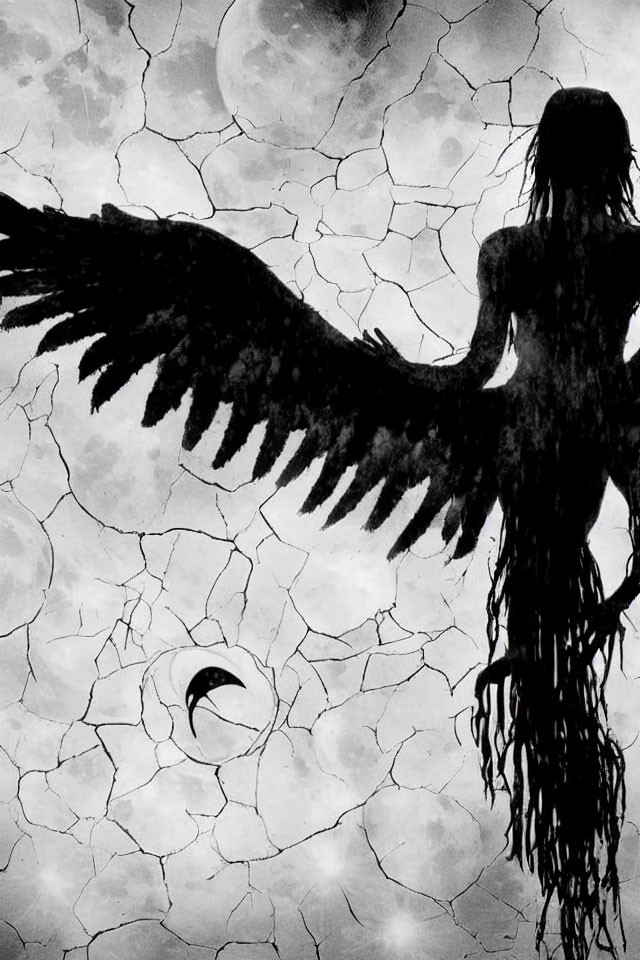 Silhouette of figure with feathered wings on cracked, moonlit background