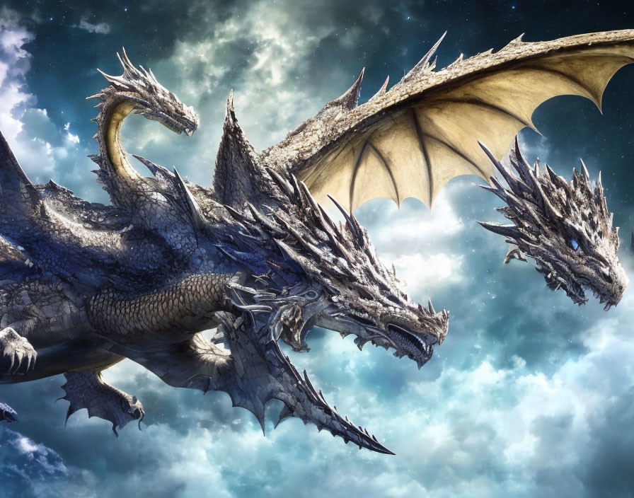 Majestic multi-headed dragon soaring in cloudy sky