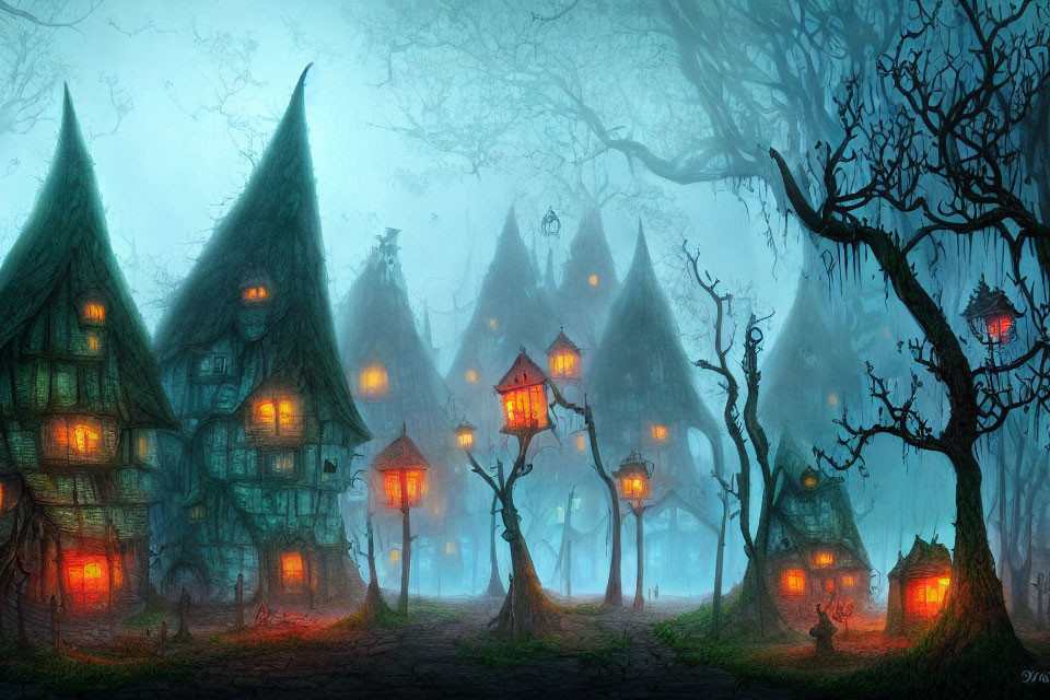 Twilight village with cone-shaped houses in foggy woods