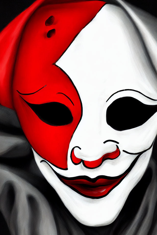 Stylized painting of red and white harlequin mask with black accents