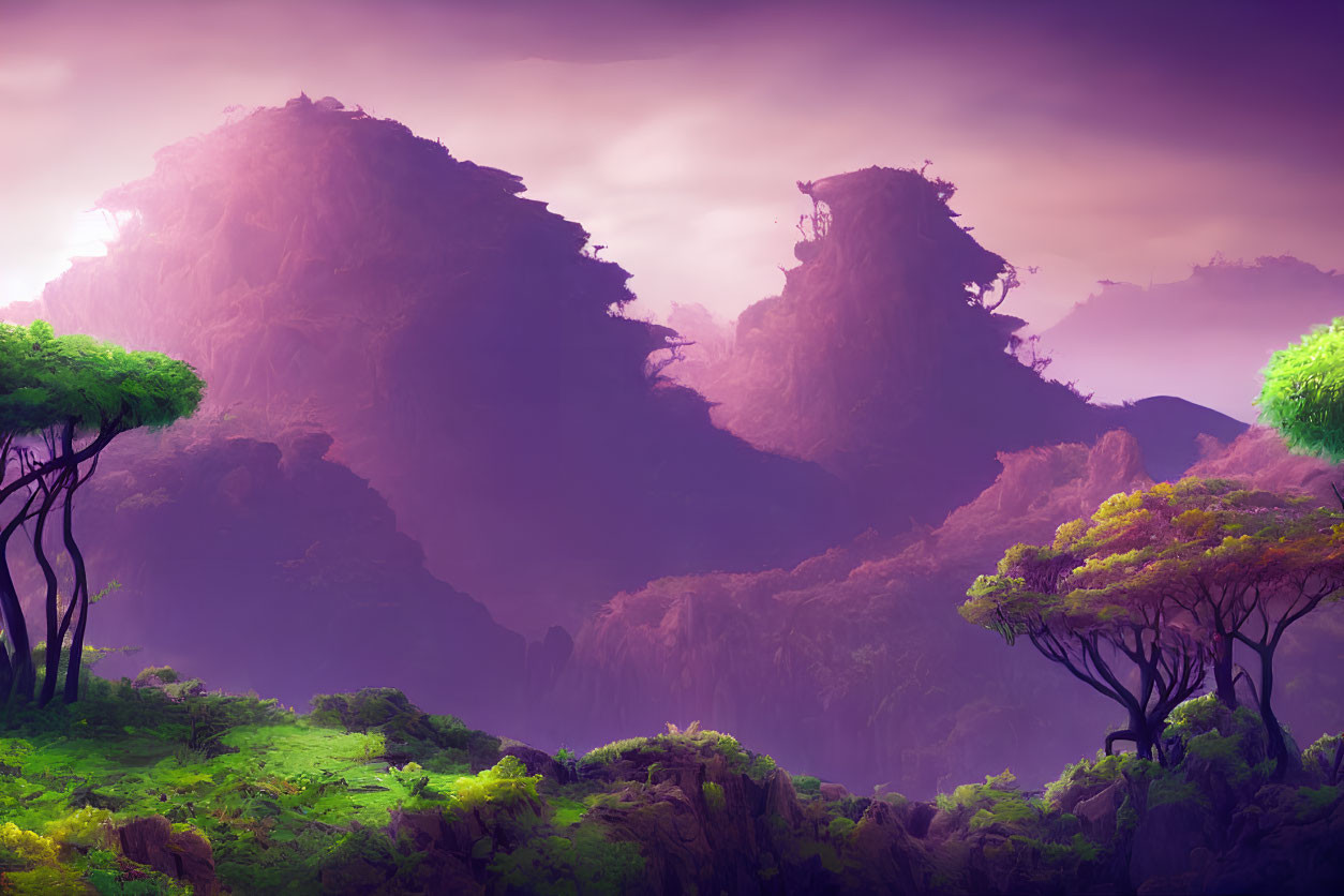 Vibrant purple landscape with misty mountains and unique trees