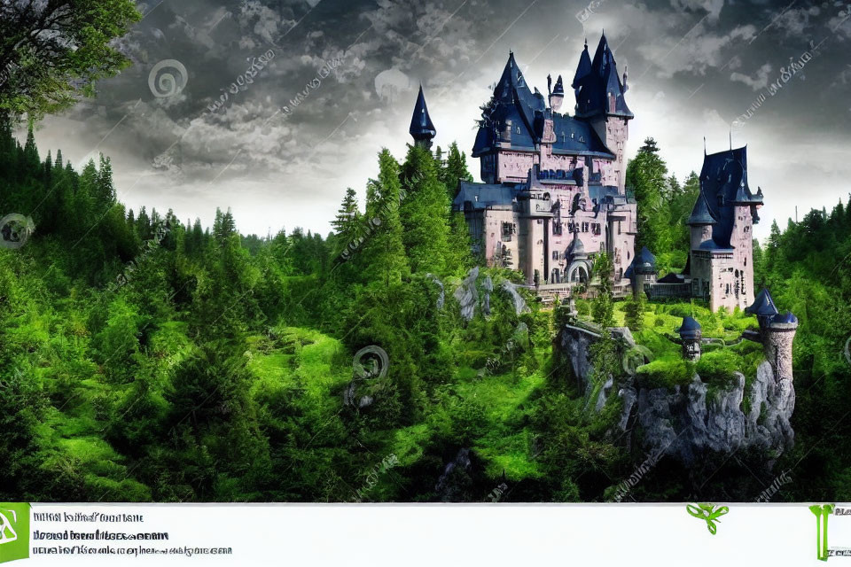 Majestic castle with spires on rocky cliff in forested landscape