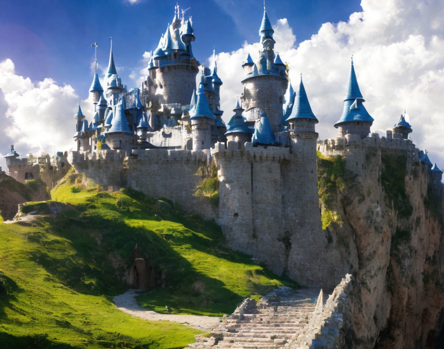 Majestic fairy-tale castle on grassy hill with spires under blue sky