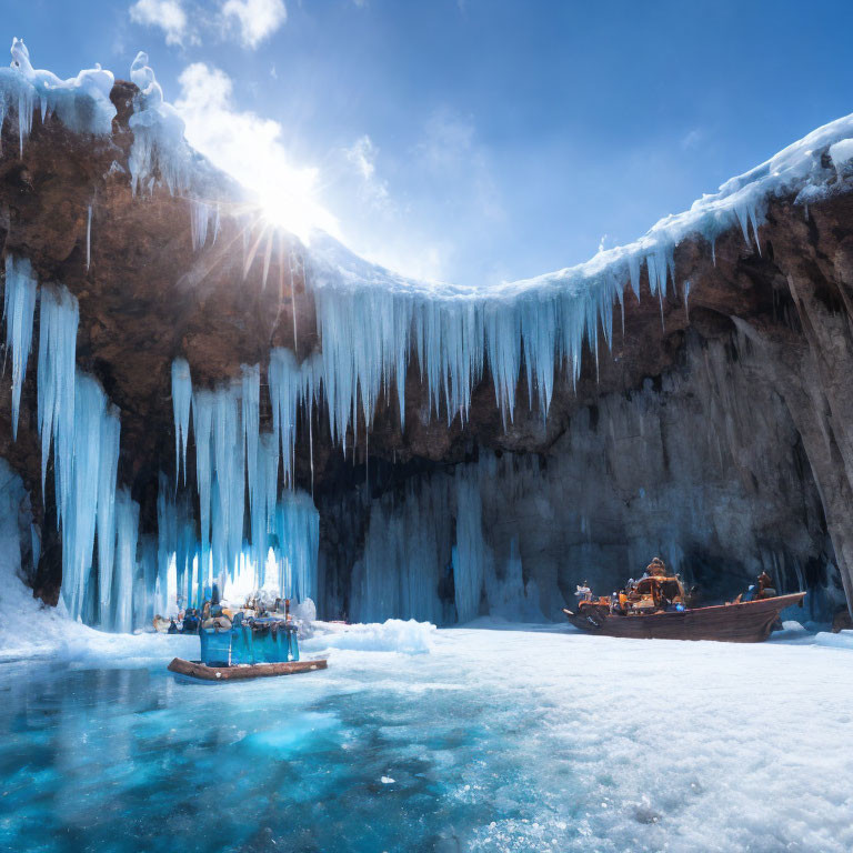 Passengers on boat in stunning icy cave with large icicles