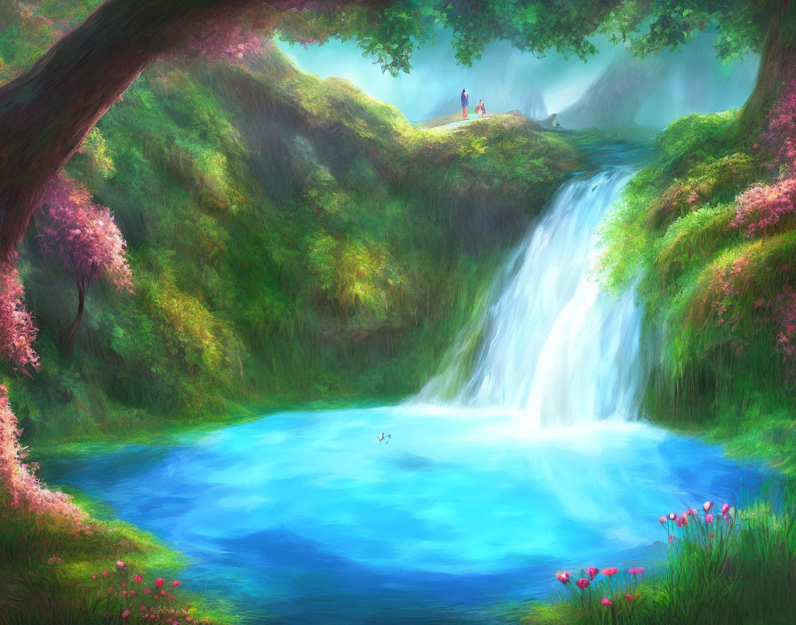 Tranquil landscape with waterfall, greenery, blossoms, and distant figures