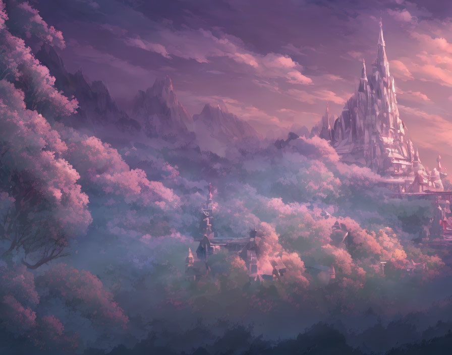 Fantasy landscape with glowing castle, blossoming trees, and rugged mountains at dusk.