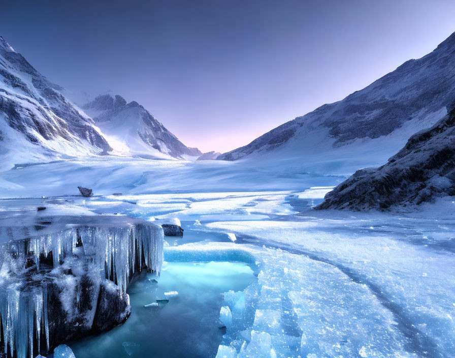 Blue ice and frozen water in serene glacial landscape