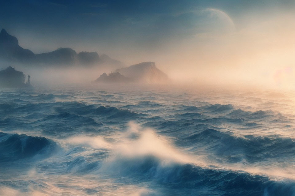 Tranquil ocean waves under blue sky with distant mountains.