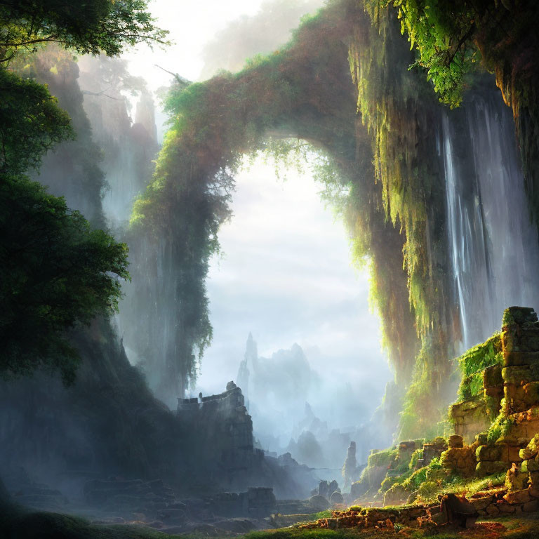 Verdant landscape with waterfall, sunlight, and ancient ruins