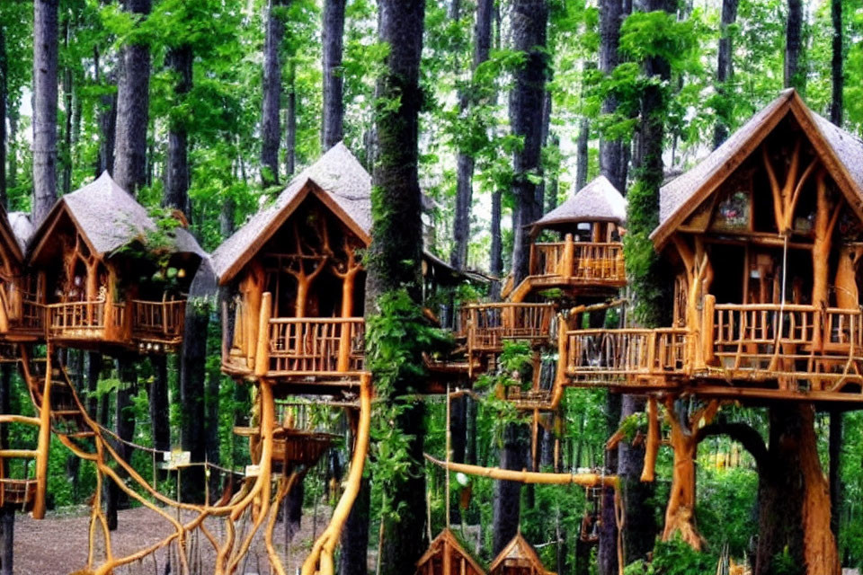 Cozy treehouses in lush forest with wooden staircases