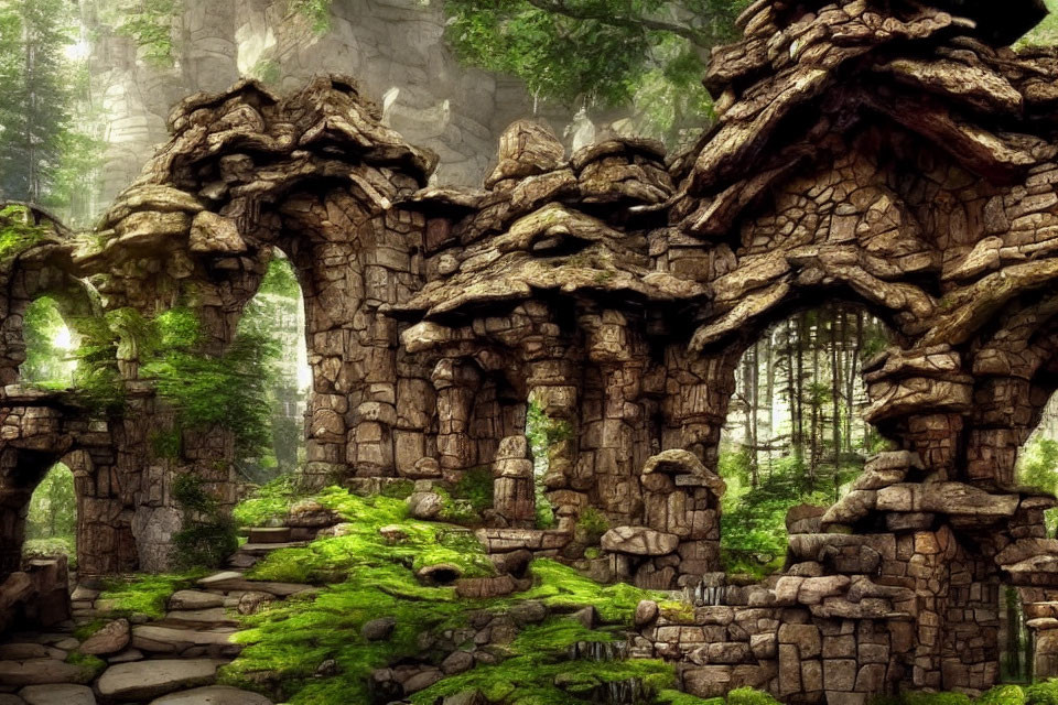 Moss-covered stone arches in lush forest with sunlight beams