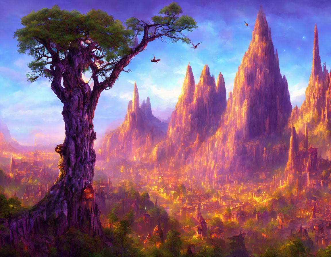 Fantasy landscape with large tree, treehouse, spires, and glowing city at dusk