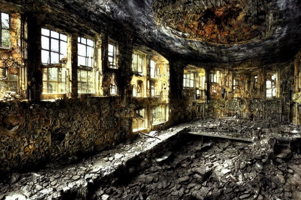 Abandoned room with ornate decay and intricate ceiling art