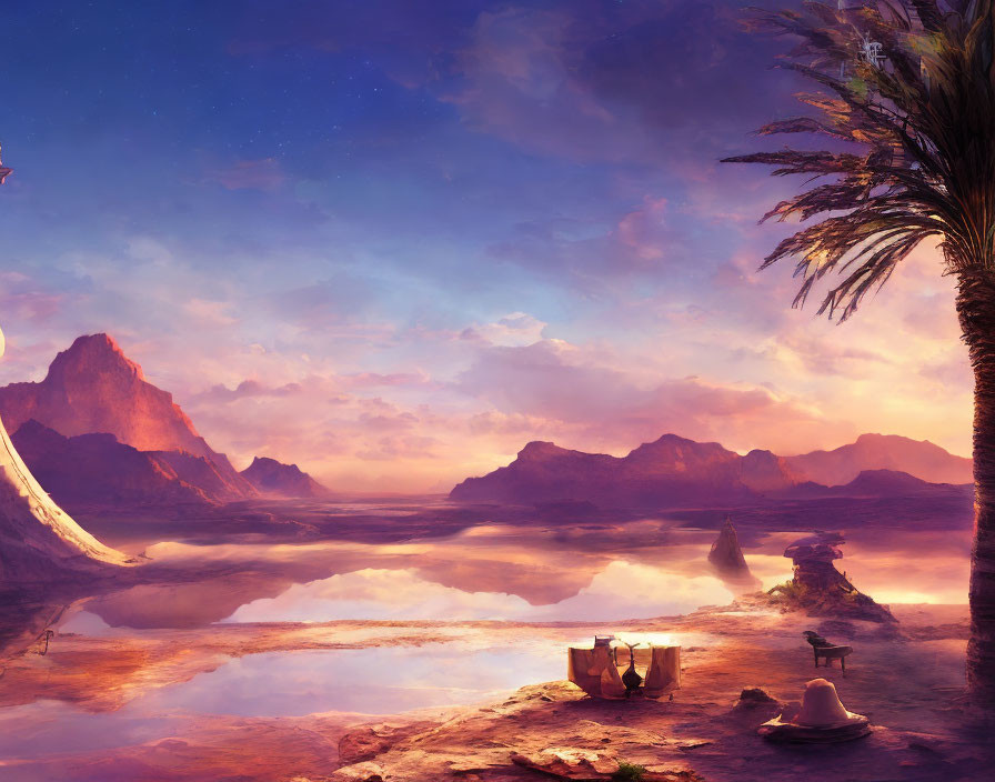 Serene Fantasy Landscape with Mountains, Water, and Cloaked Figure