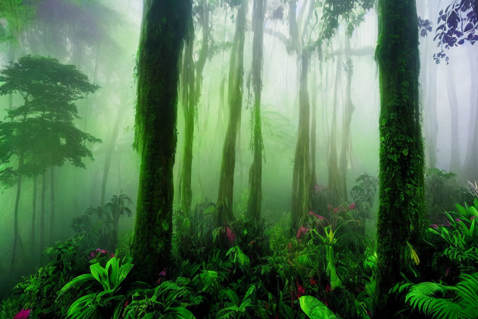 Mystical fog envelops lush green forest with vibrant undergrowth