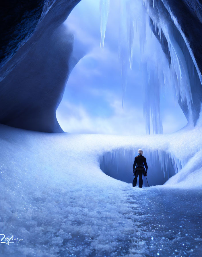 Person at Entrance of Blue Ice Cave with Icicles and Light Ahead