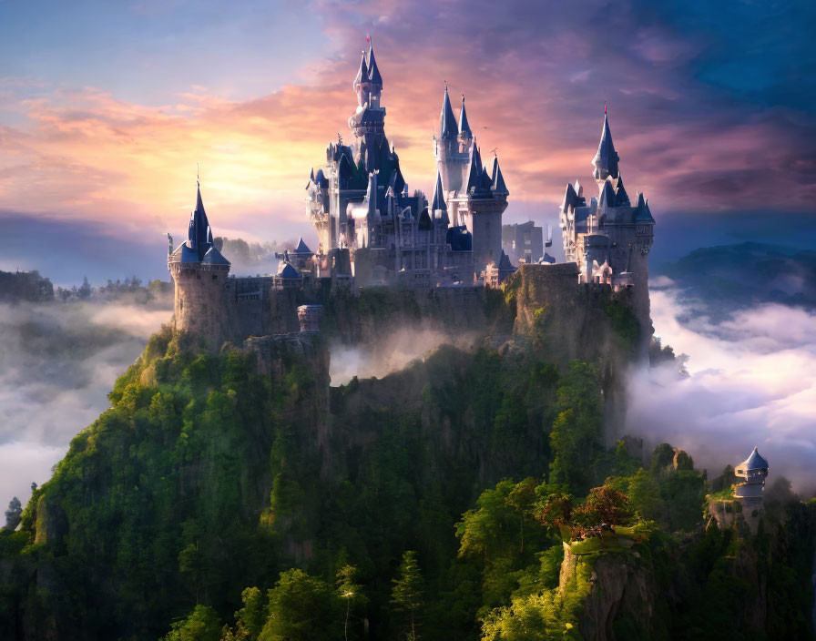 Fantasy castle on misty cliff at sunset surrounded by greenery