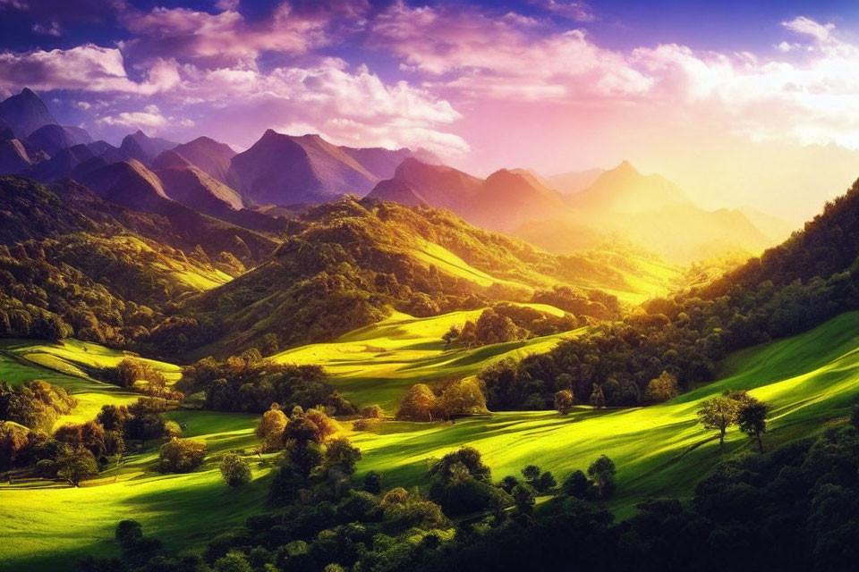 Colorful sky over rolling green hills and majestic mountains