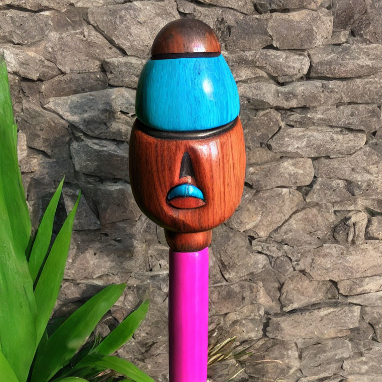 Colorful Wooden Totem Sculpture with Blue Top, Carved Face, and Purple Base on Stone