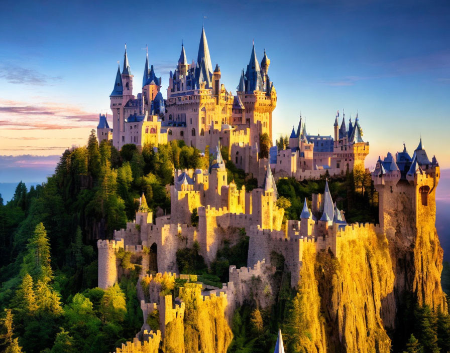 Majestic Castle with Multiple Spires on Cliff at Sunset