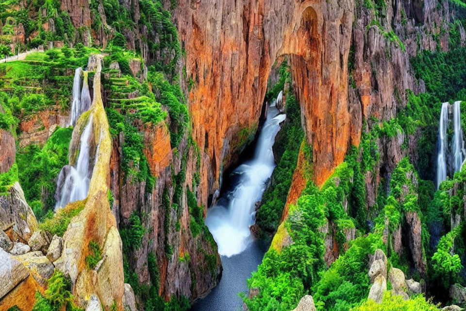 Scenic landscape with multiple waterfalls in rocky canyon