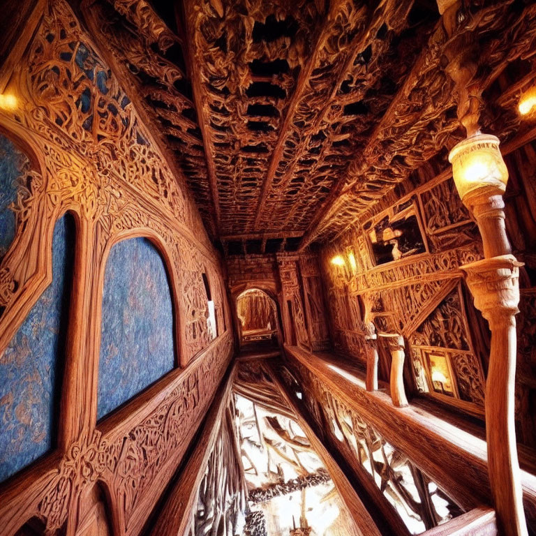 Grand historical room with intricately carved wooden walls and ceiling under warm ambient light