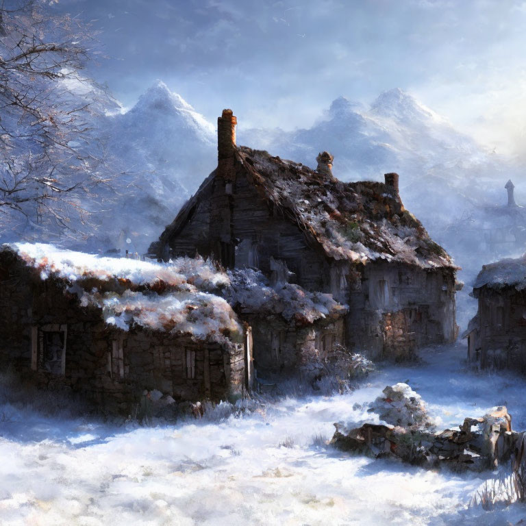 Snowy Scene: Dilapidated Cottage, Bare Trees, Misty Mountains