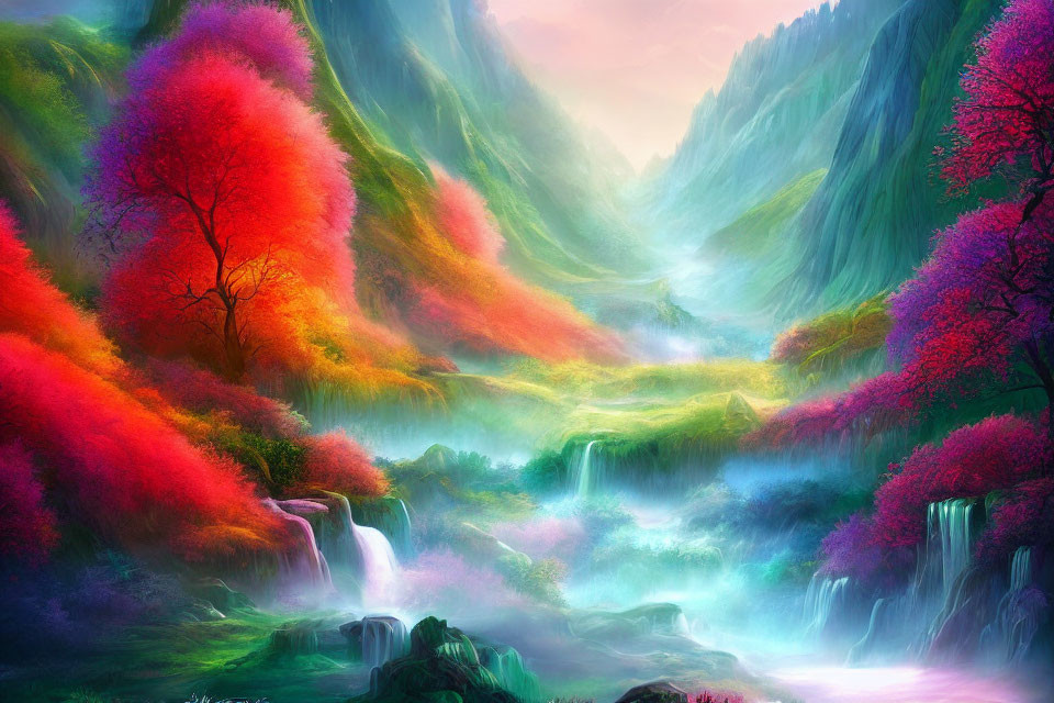 Colorful fantasy landscape with neon trees, waterfalls, mist, river, and mountains.