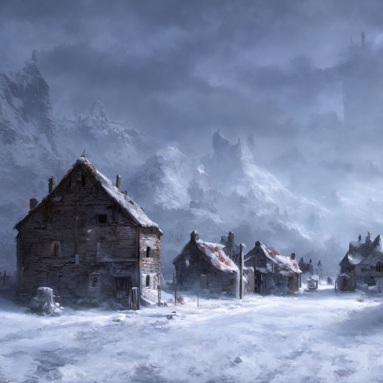 Snowy village with stone houses and mountainous backdrop in wintry haze