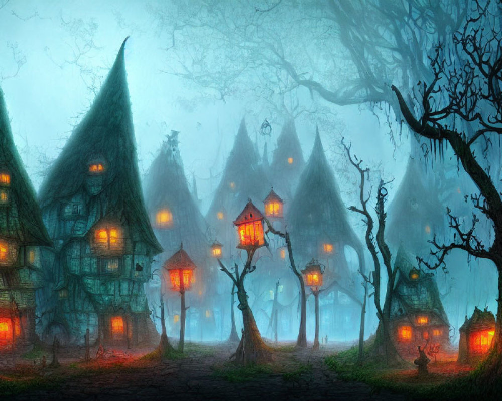 Twilight village with cone-shaped houses in foggy woods