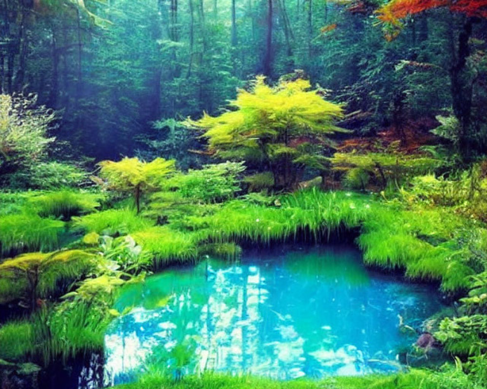 Tranquil Pond with Blue Water and Lush Forest Scene