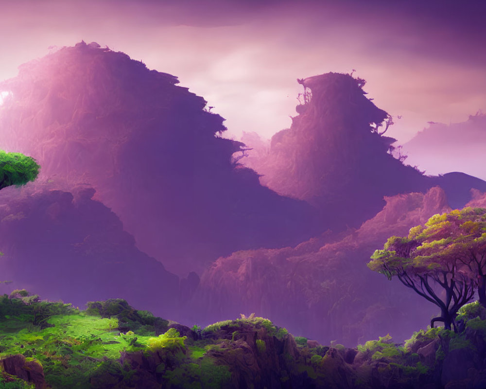 Vibrant purple landscape with misty mountains and unique trees