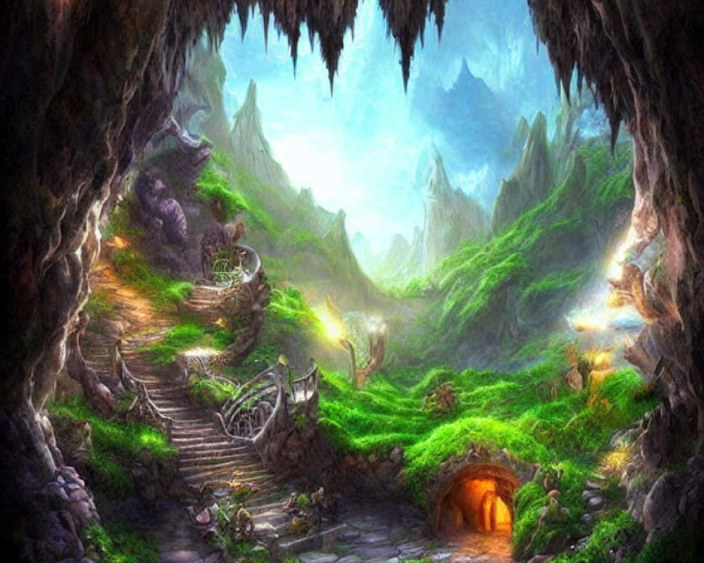 Fantasy landscape with green valley, staircases, mountains, and glowing entrance