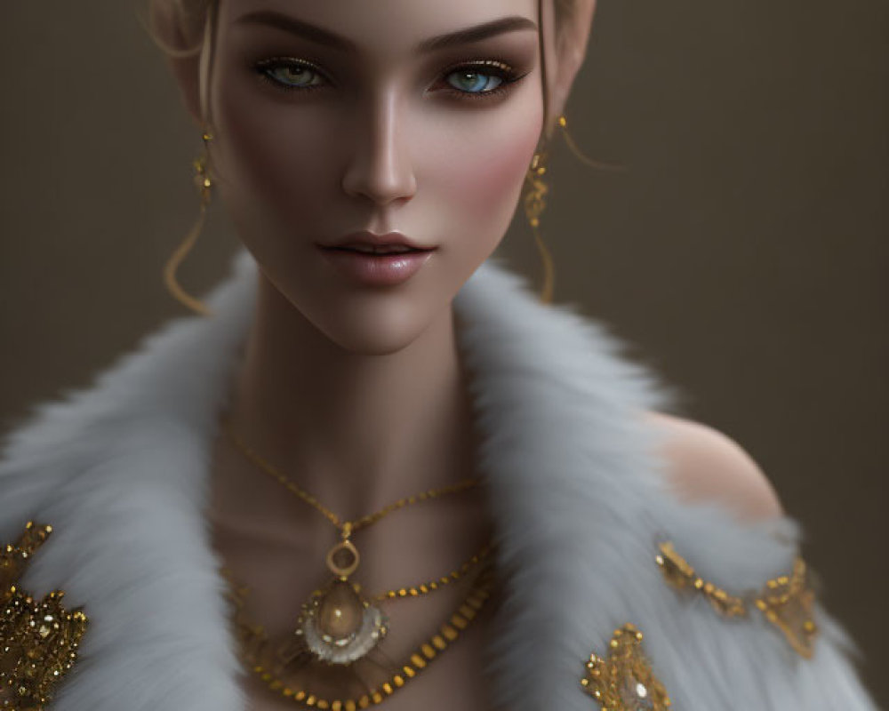 Elegant digital portrait of a woman in gold jewelry and fur coat