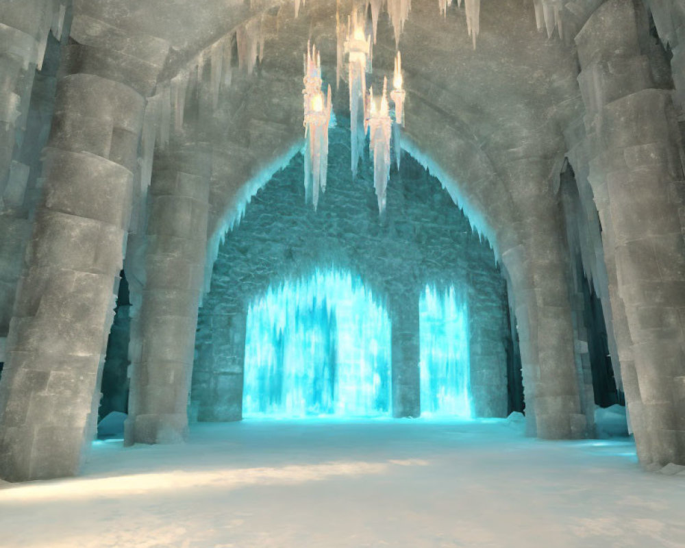 Majestic ice cave with blue glow, icicles, and arched entrances