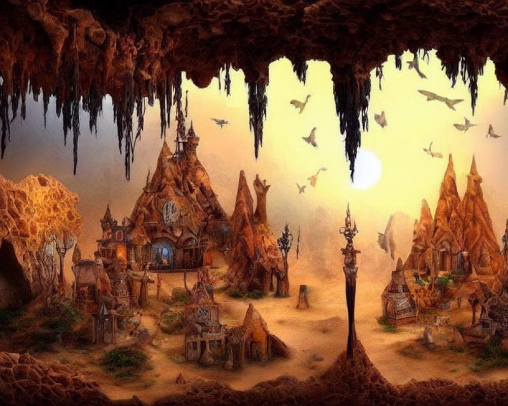 Fantasy cave cityscape with orange hues, rock-carved houses, stalactites, and flying