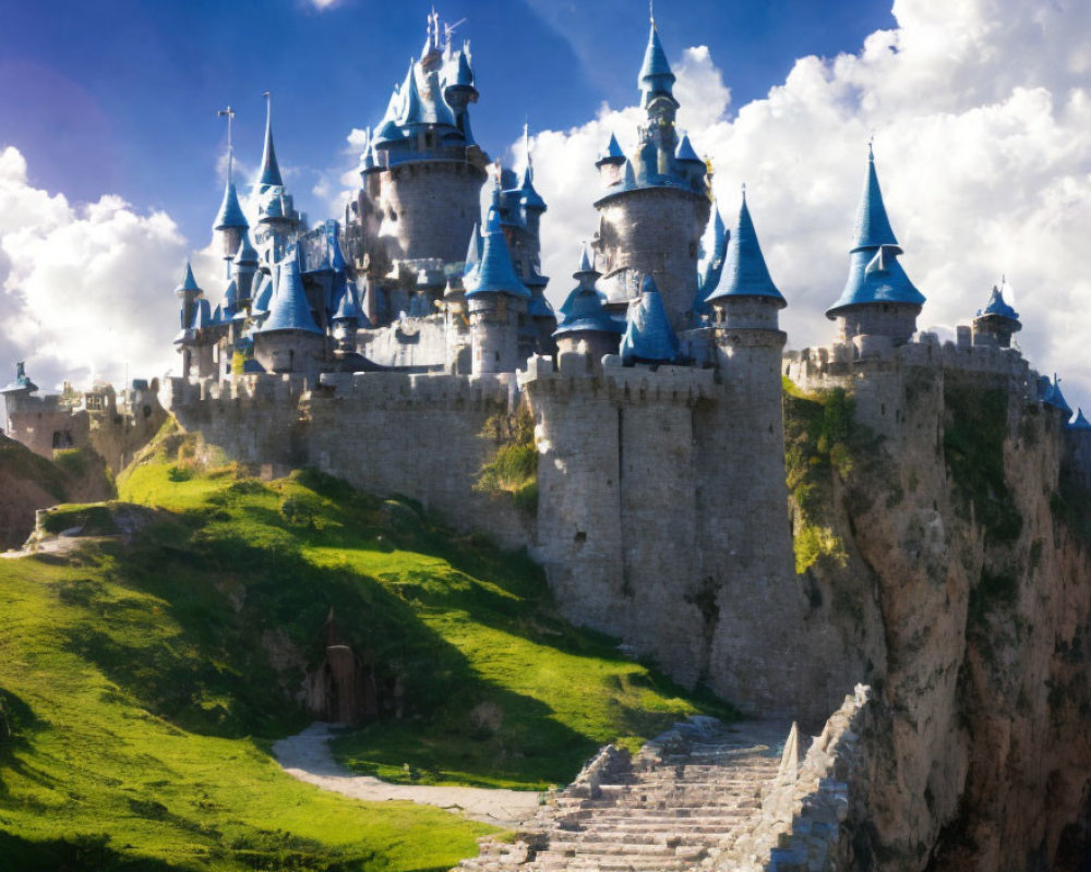 Majestic fairy-tale castle on grassy hill with spires under blue sky