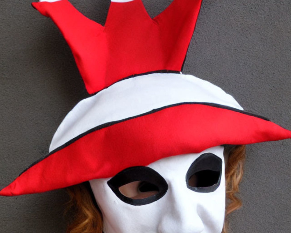 Red and white jester hat on person with white mask