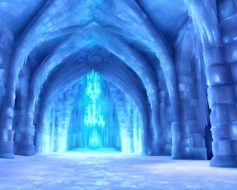 Blue ice cave with crystalline walls and glowing, ice-encrusted doorway