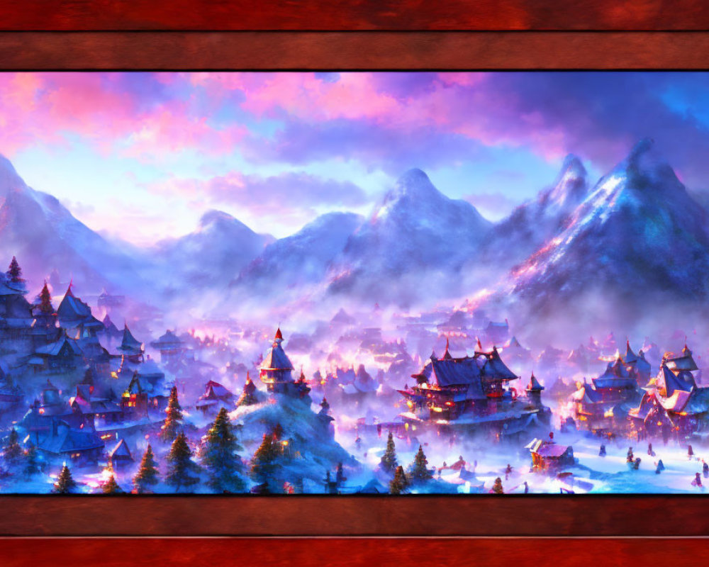 Snowy village painting: Traditional buildings in valley under purple and orange dusk sky