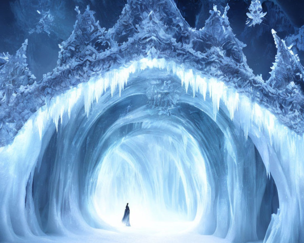 Figure at Glowing Ice Cave Entrance Amid Frosty Trees