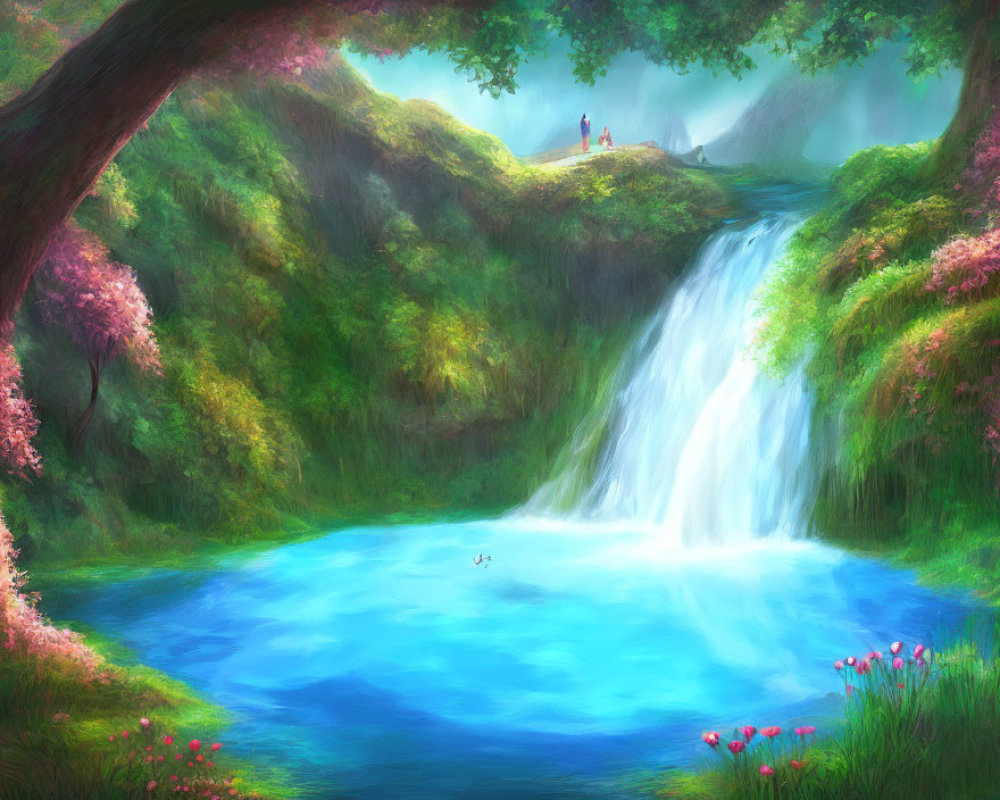 Tranquil landscape with waterfall, greenery, blossoms, and distant figures