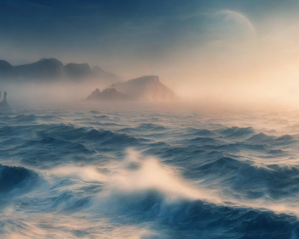 Tranquil ocean waves under blue sky with distant mountains.