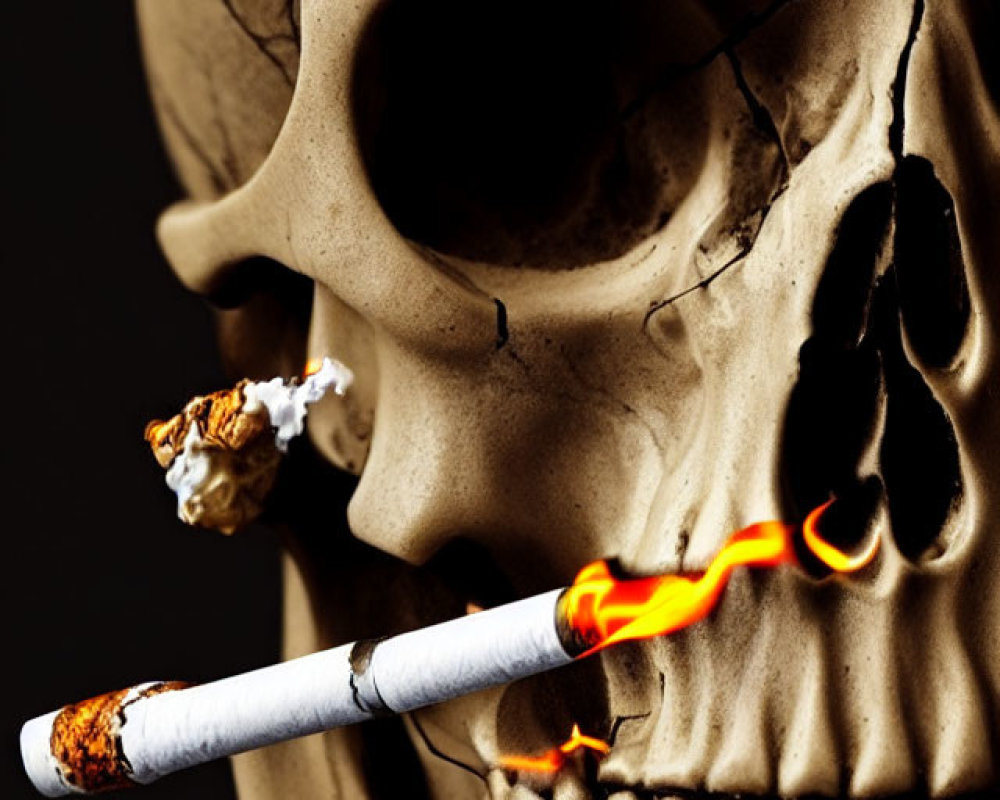 Human Skull with Lit Cigarette Emitting Smoke on Dark Background