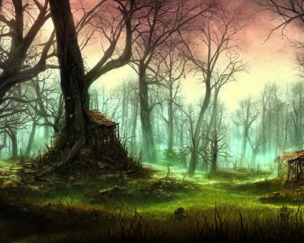 Mystical forest with bare trees, ethereal fog, abandoned huts, transitioning sky